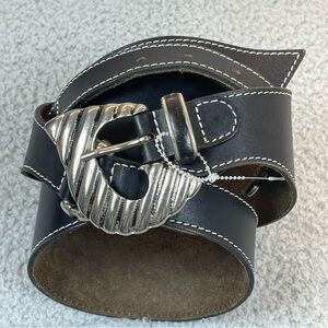BALLY  Belts womens 36in  Black Leather Belt  Silver Buckle flower Made in Italy